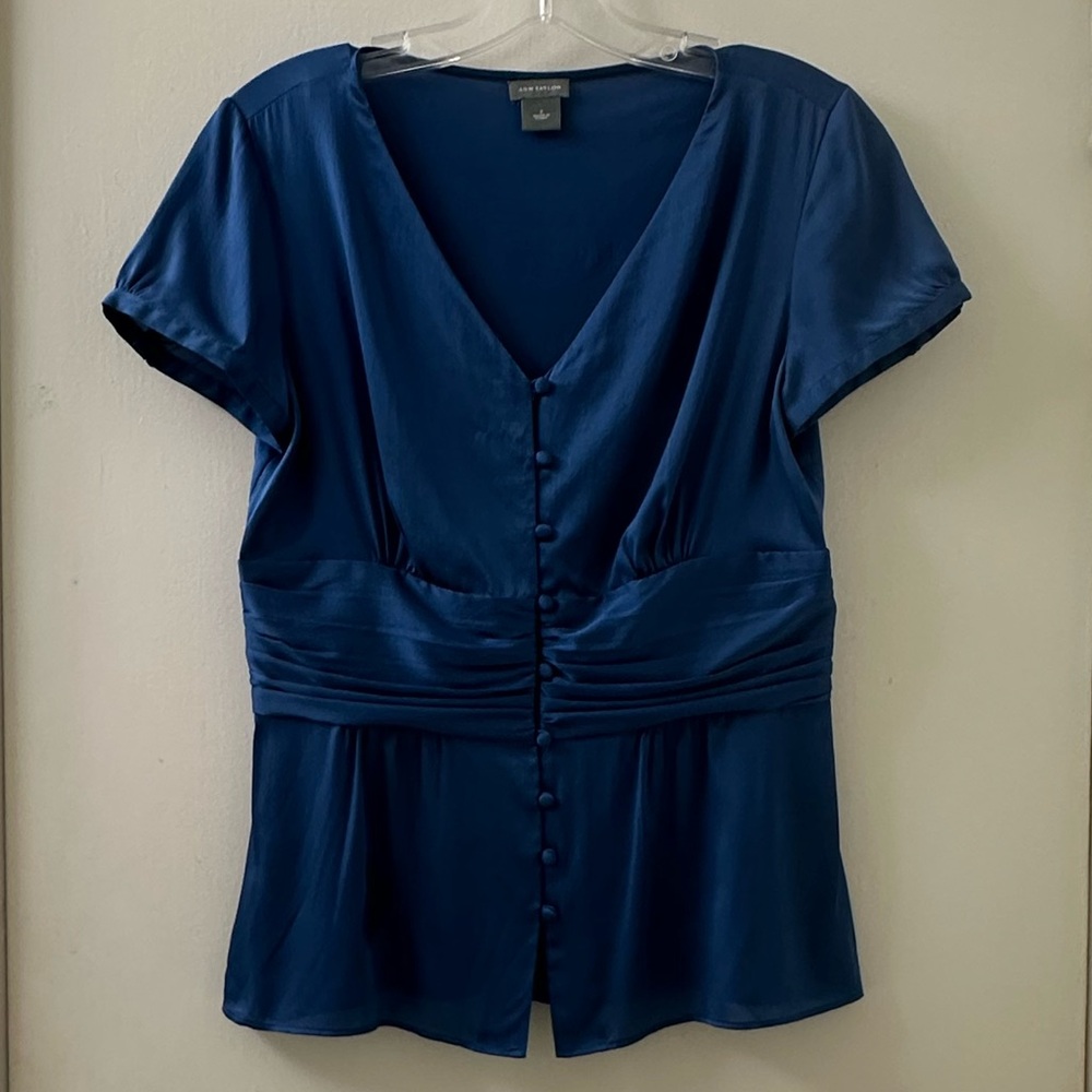Ann Taylor Women’s V-Neck Buttoned Short Sleeve Blouse Size 2 Silk